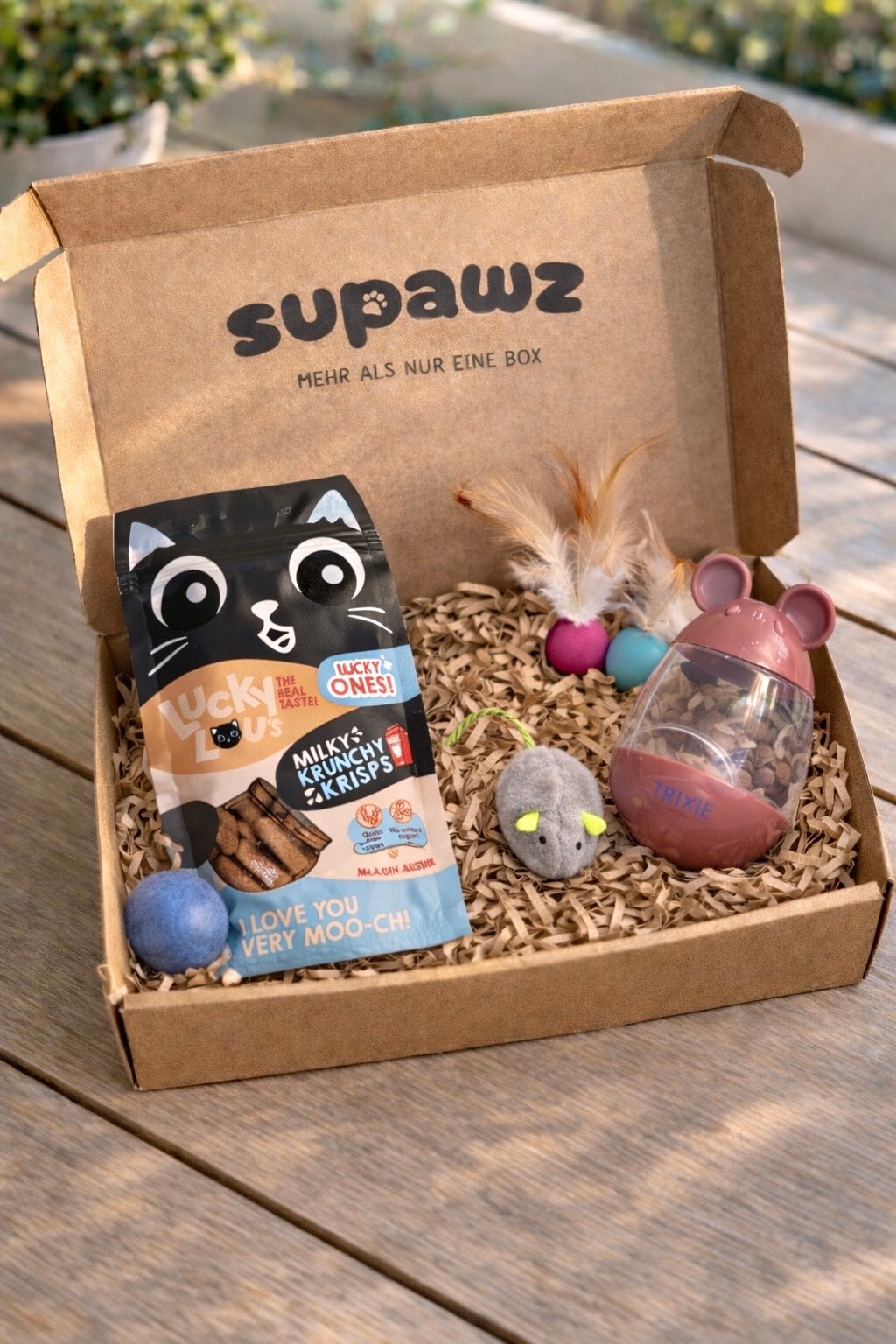 Supawz Mini Box - Snack & Spiel Edition - | Katzen Geschenkbox mit Leckerlis & Spielzeug